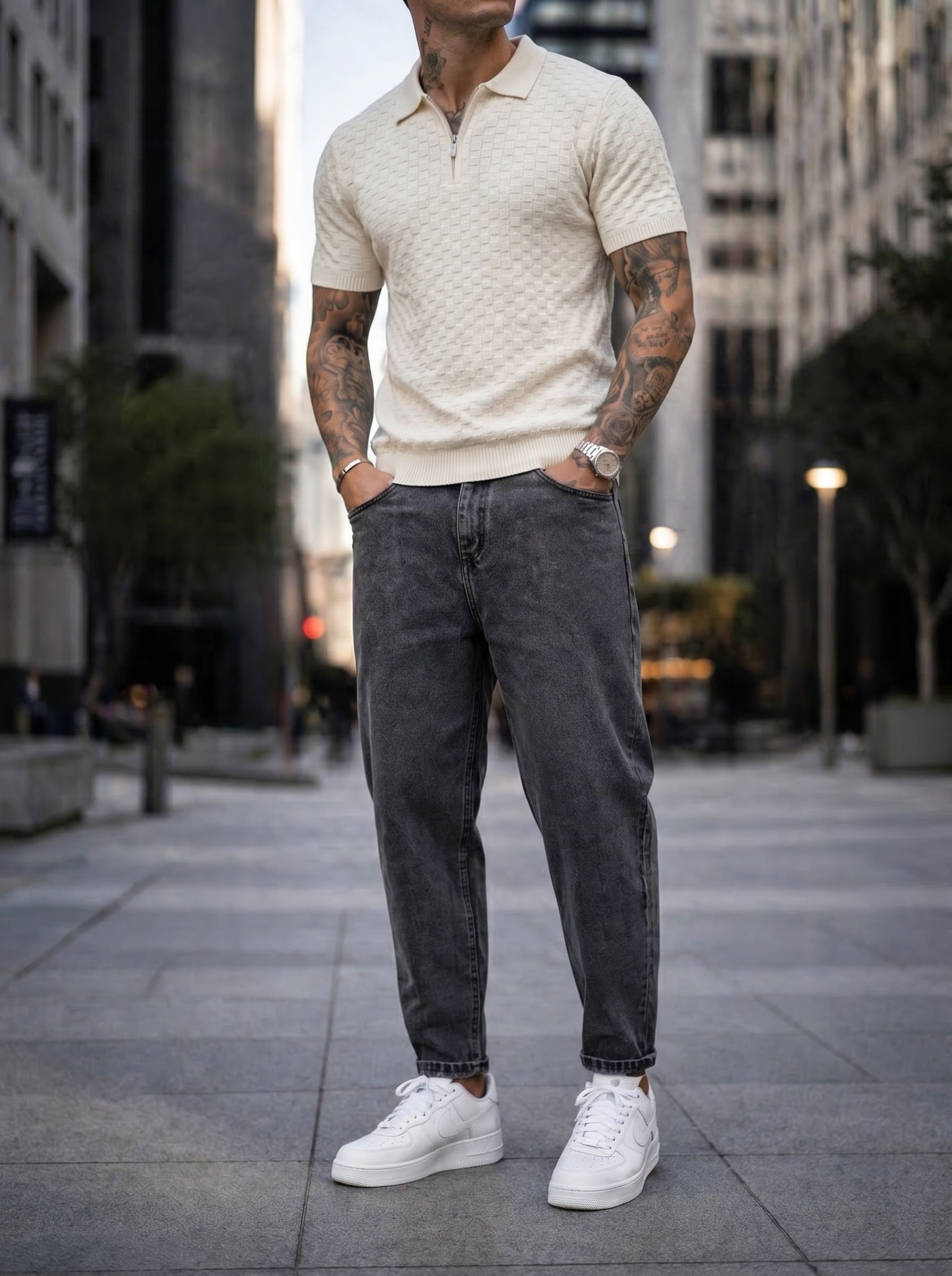 JEAN MOM FIT -  GRIS OSCURO LISO