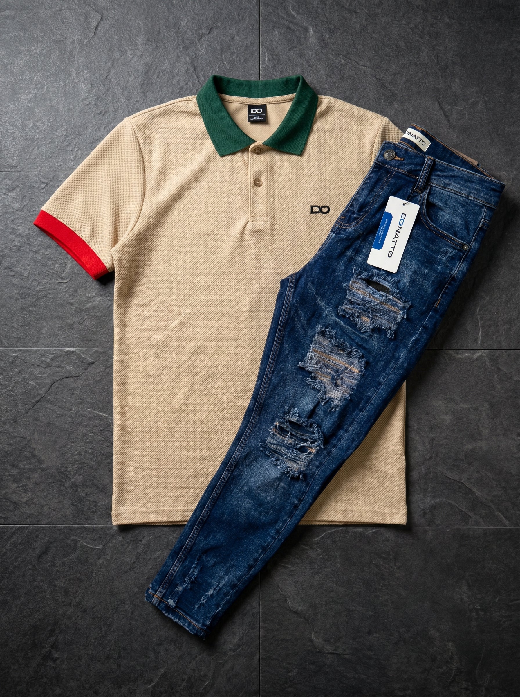 POLO DO MONACO BEIGE + JEAN SKINNY BLUE DESTROYED EDITION