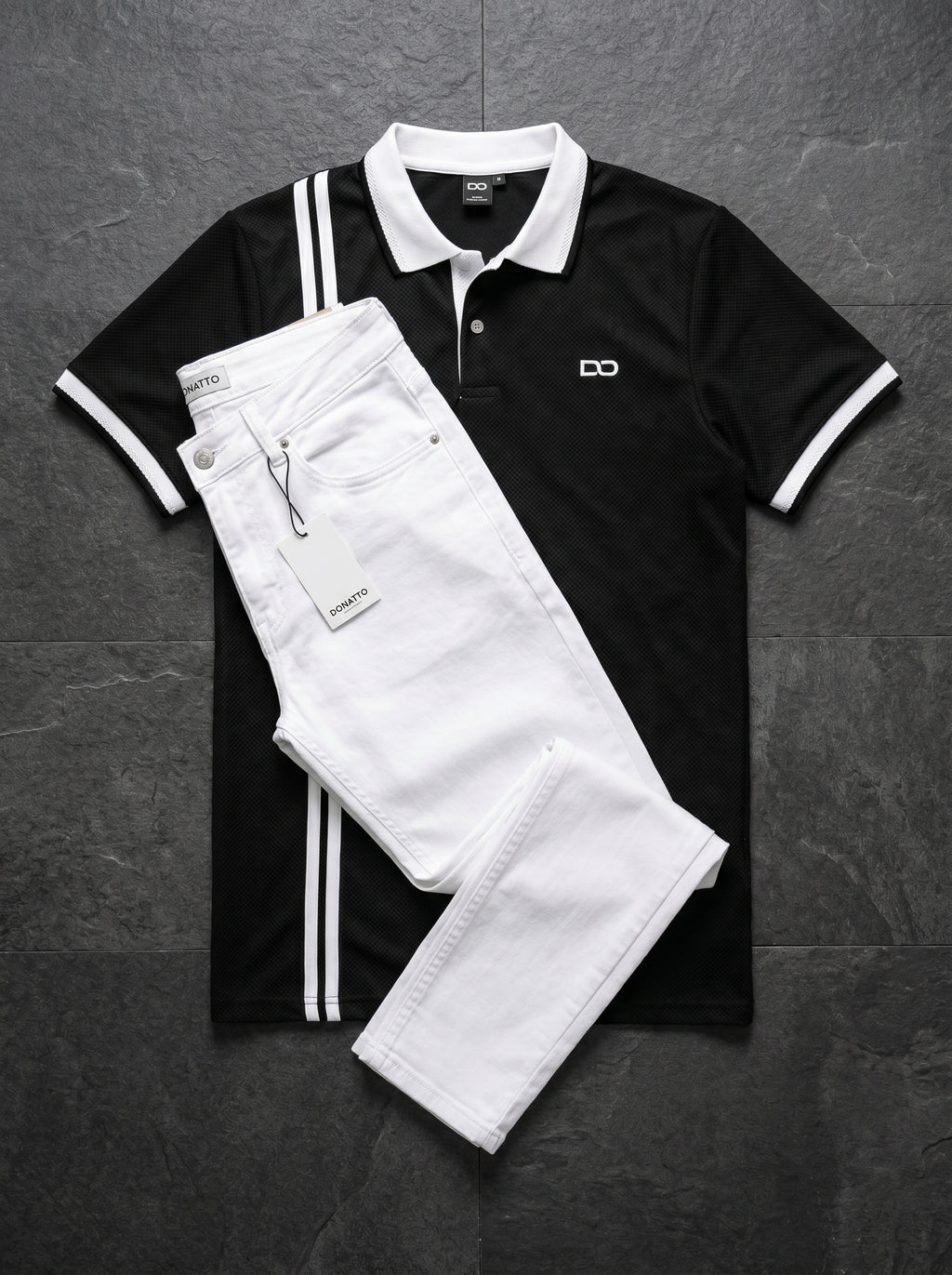 POLO DO MONACO STRIPE BLACK + JEAN SKINNY BLANCO LISO