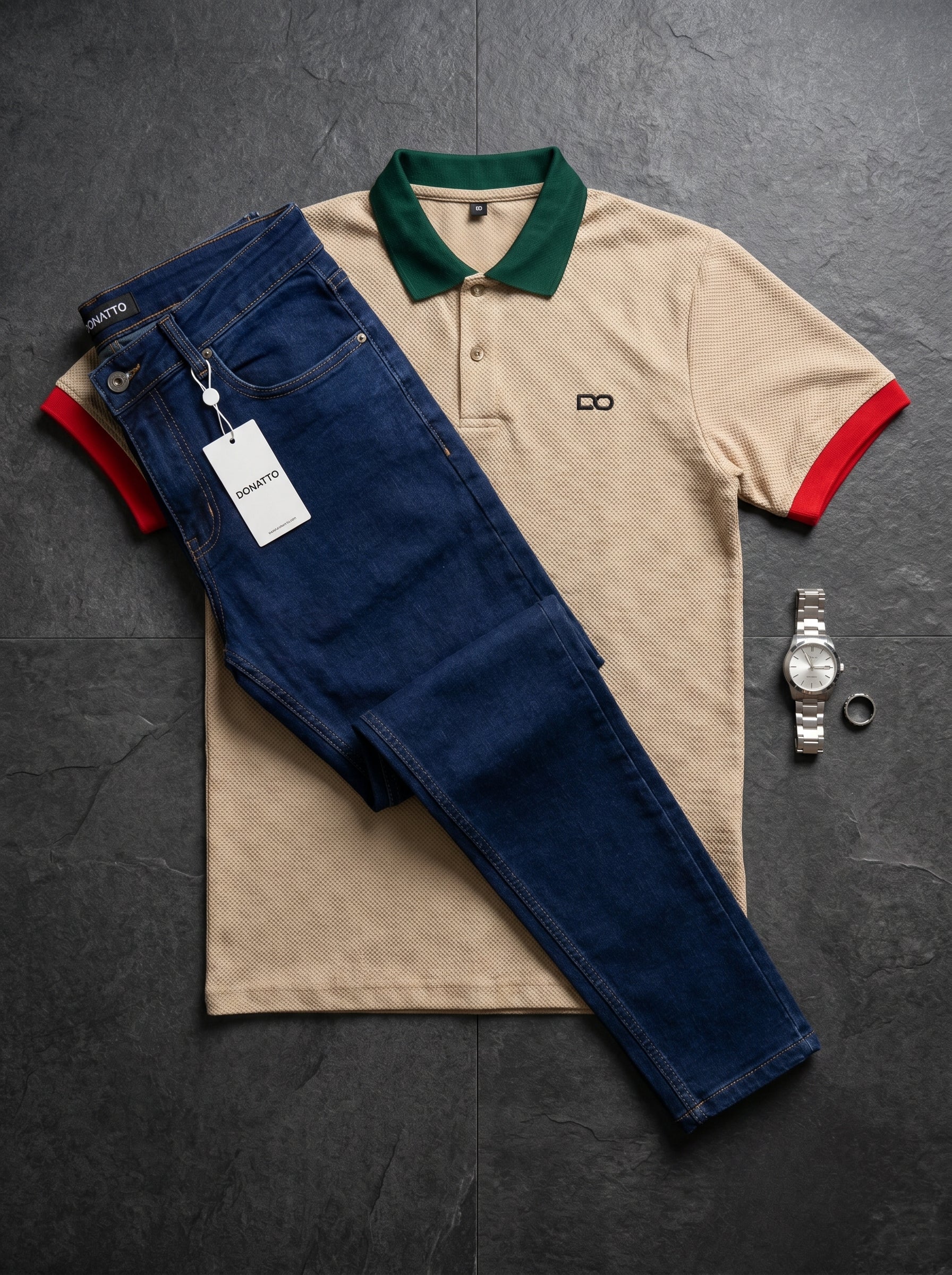 POLO DO MONACO BEIGE + JEAN SKINNY FIT AZUL INDUSTRIAL