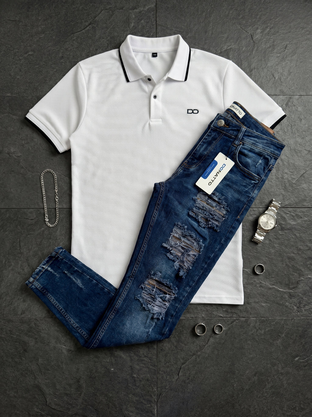 POLO DO IMPERIAL WHITE + JEAN SKINNY FIT BLUE DESTROYED EDITION