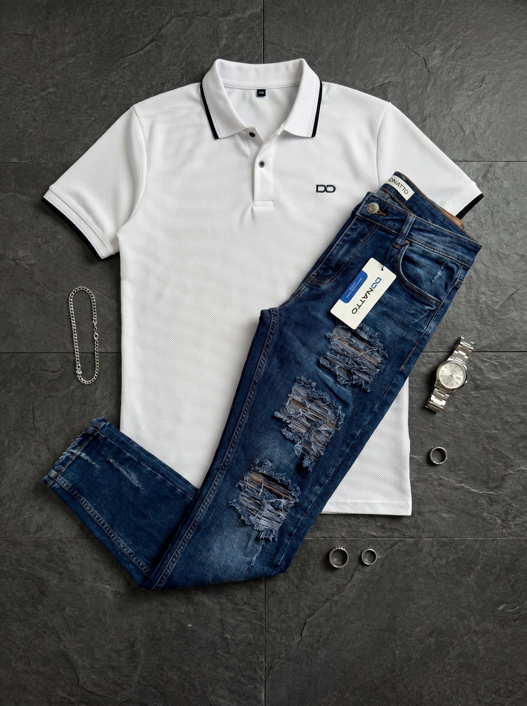 POLO DO IMPERIAL WHITE + JEAN SKINNY FIT BLUE DESTROYED EDITION