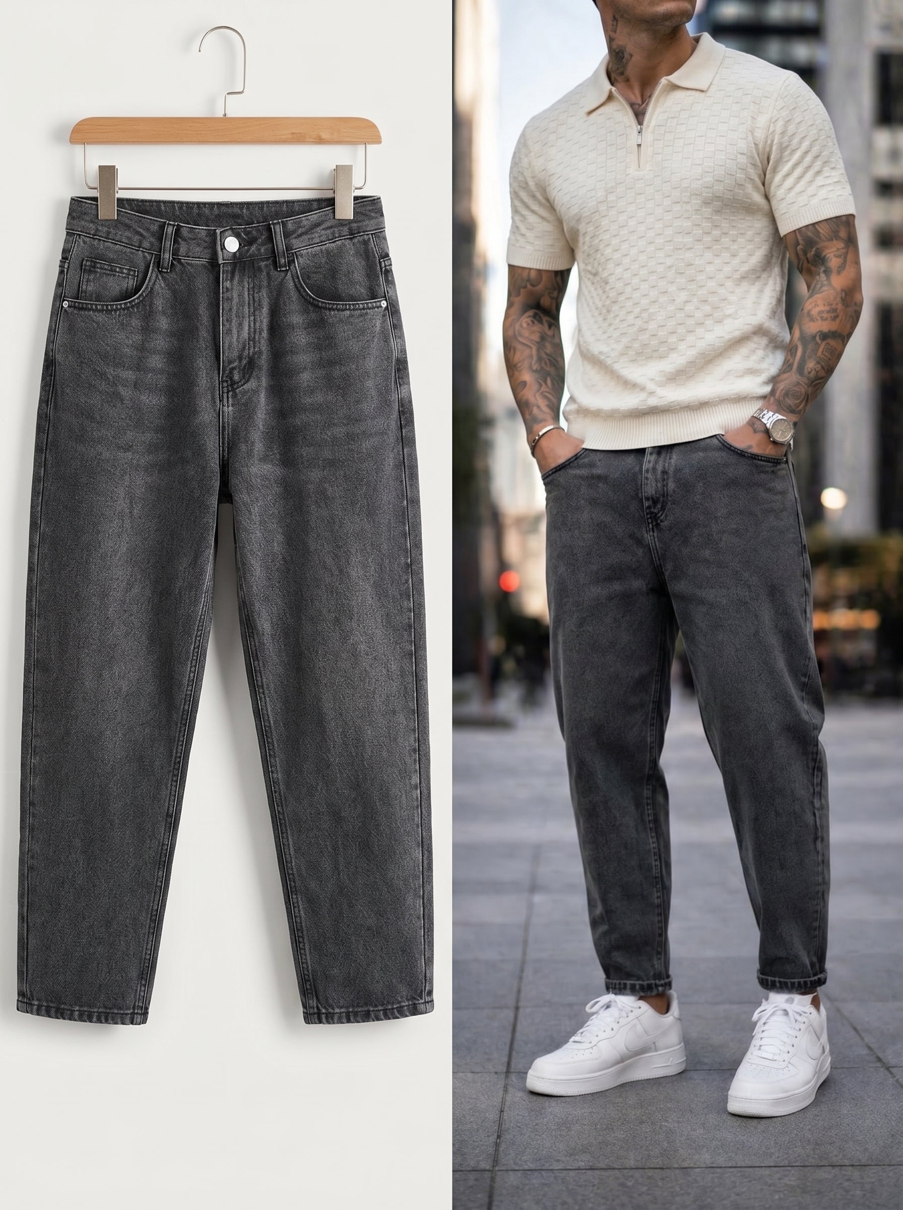 JEAN MOM FIT -  GRIS OSCURO LISO