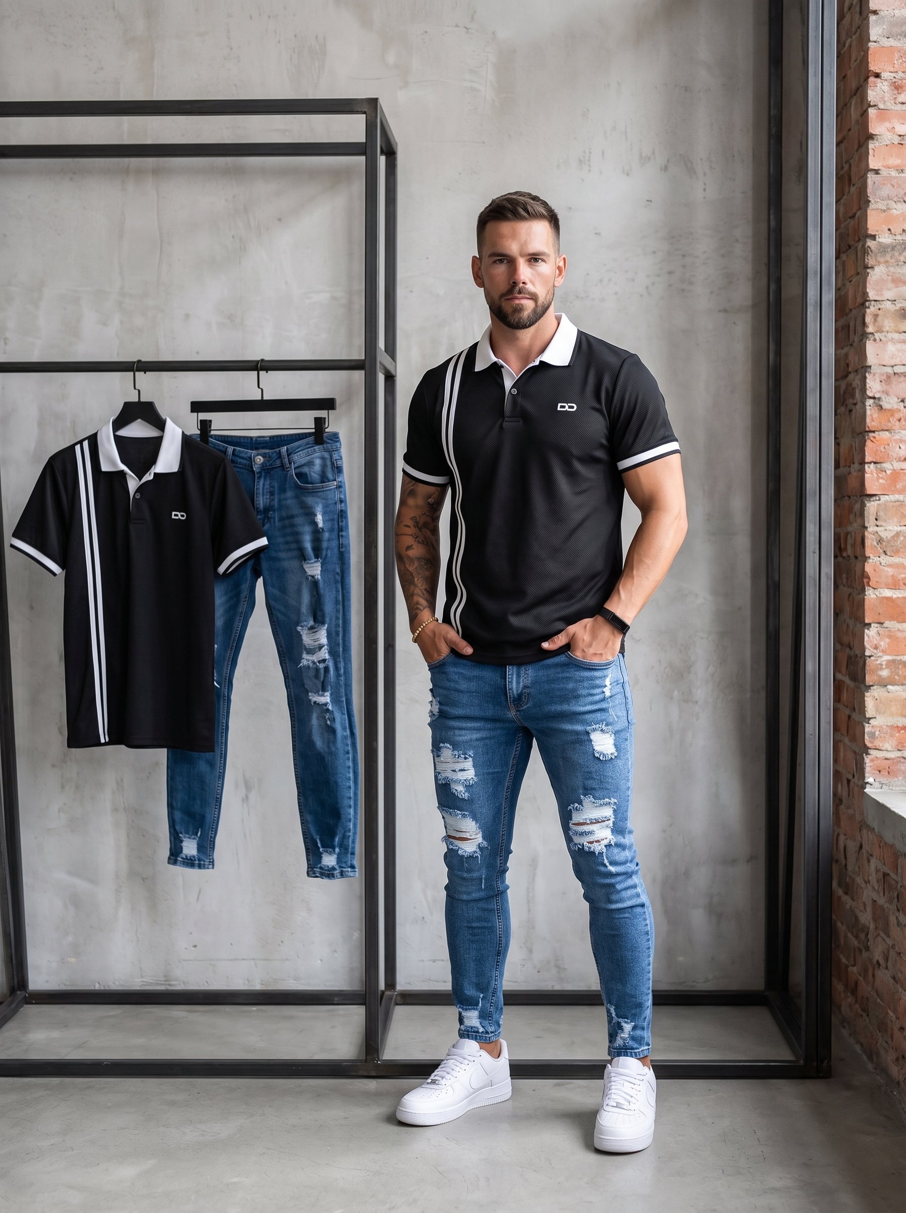 POLO DO MONACO STRIPE BLACK + JEAN SKINNY FIT BLUE URBAN