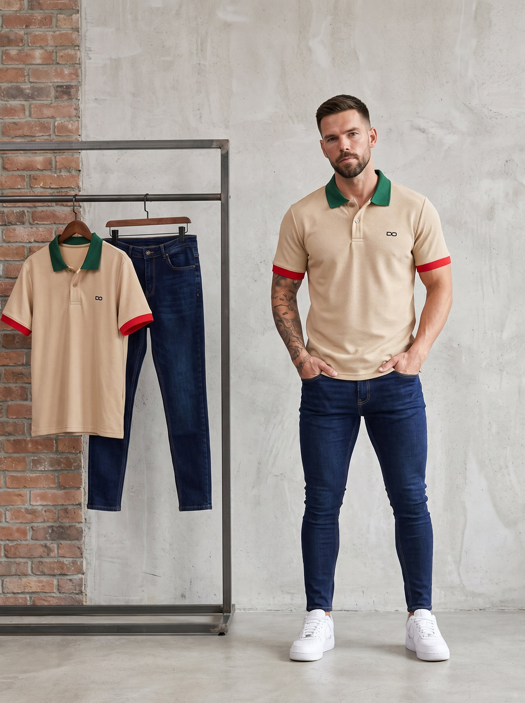 POLO DO MONACO BEIGE + JEAN SKINNY FIT AZUL INDUSTRIAL
