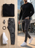 JEAN SKINNY GRIS OSCURO ROTO -  BUZO TEJIDO NEGRO