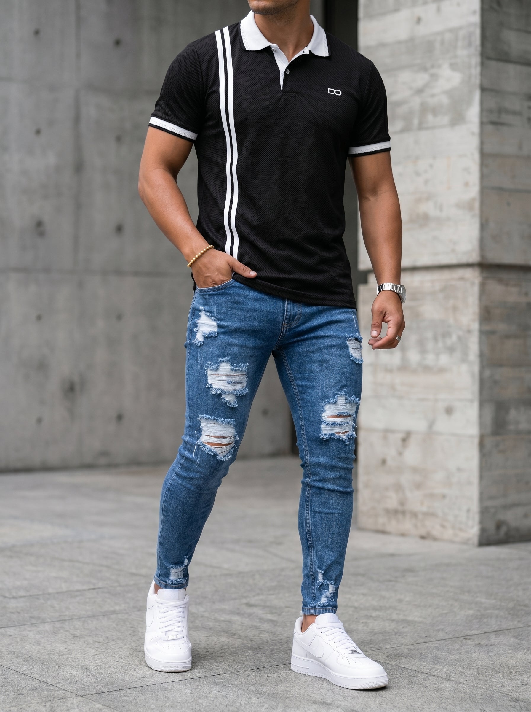 POLO DO MONACO STRIPE BLACK + JEAN SKINNY FIT BLUE URBAN