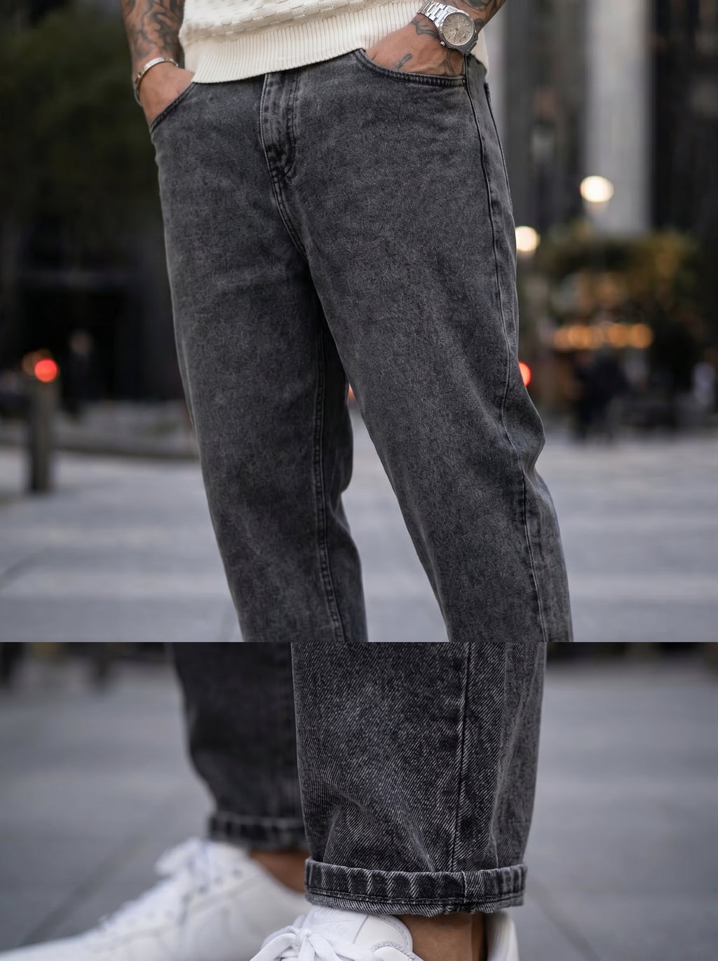 JEAN MOM FIT -  GRIS OSCURO LISO
