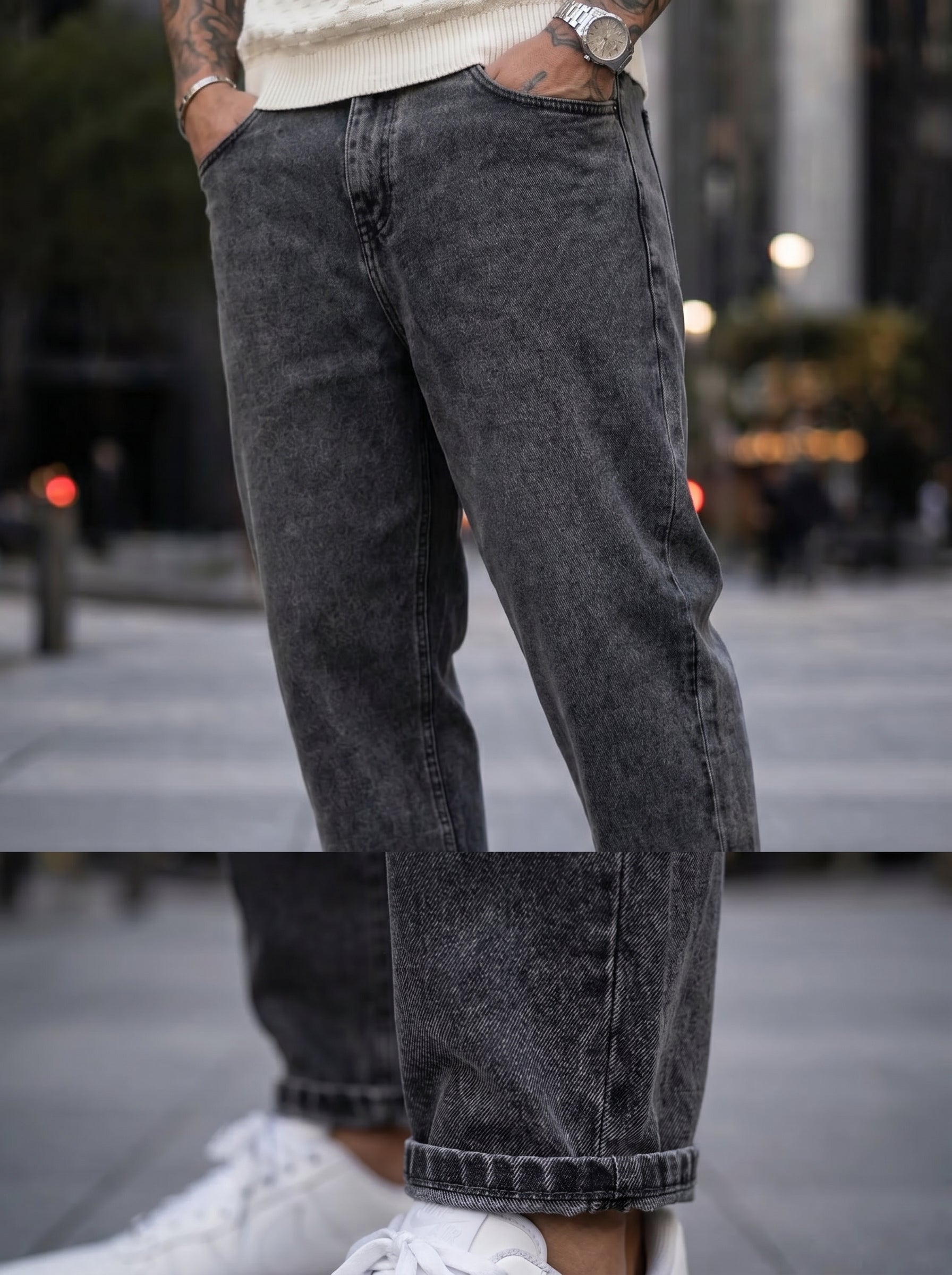 JEAN MOM FIT -  GRIS OSCURO LISO