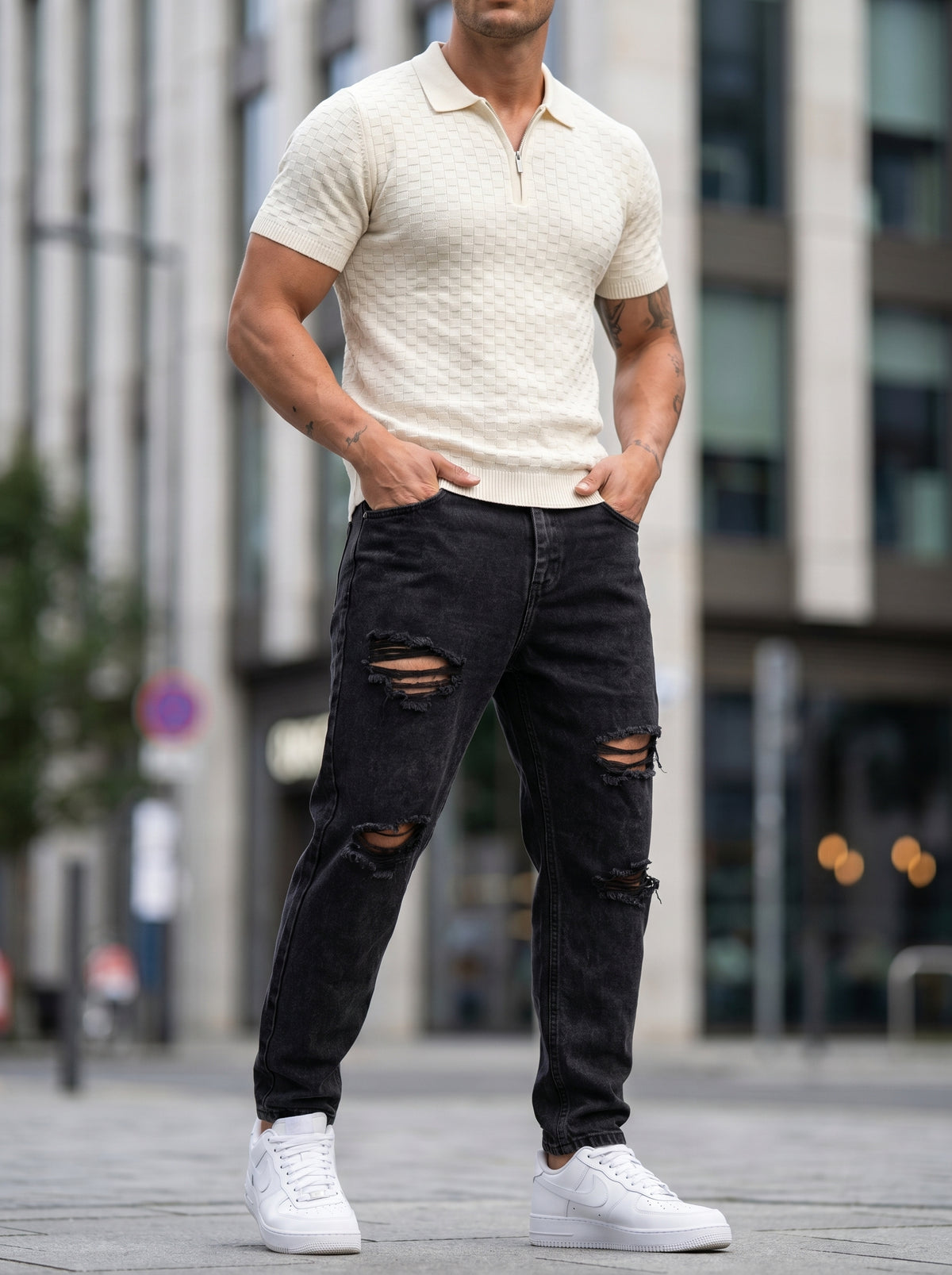 Jean Mom Fit Gris Todo Roto