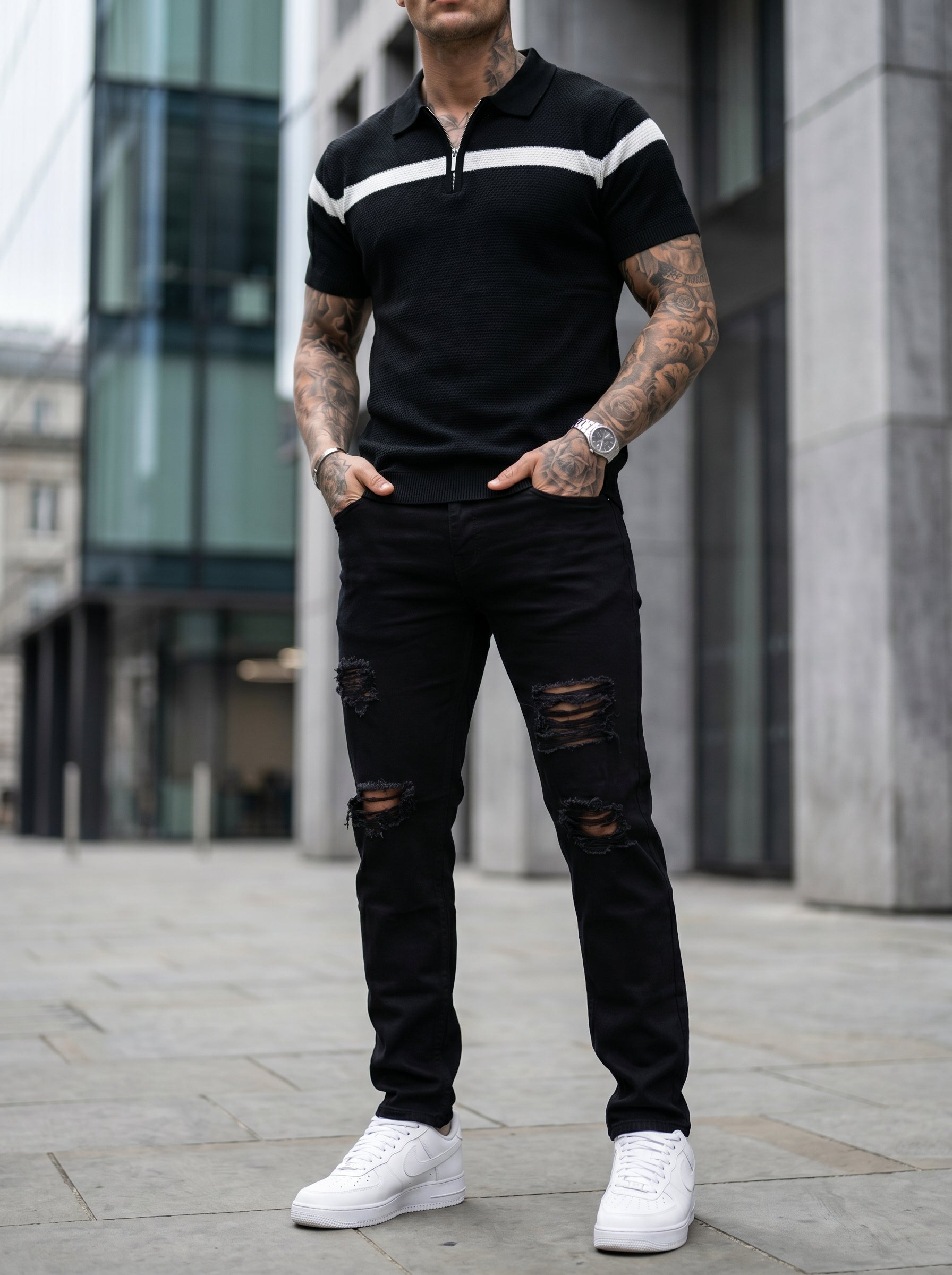 JEAN MOM FIT -  NEGRO TODO ROTO